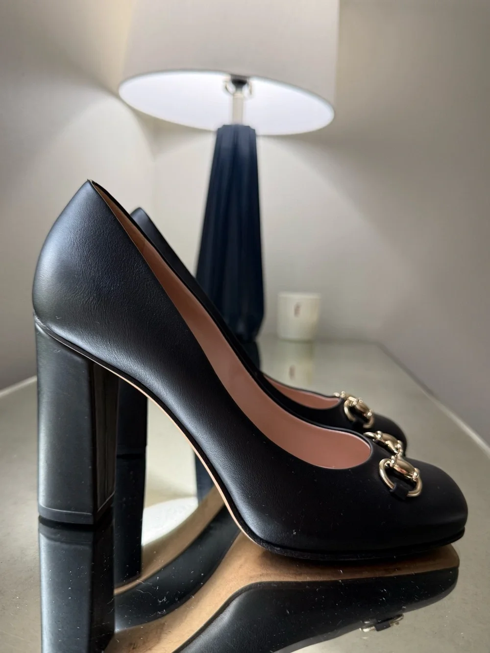 Gucci Black Leather Block Heel Pumps with Gold Horsebit , Size 7.5 ( 38) - Picture 2 of 9
